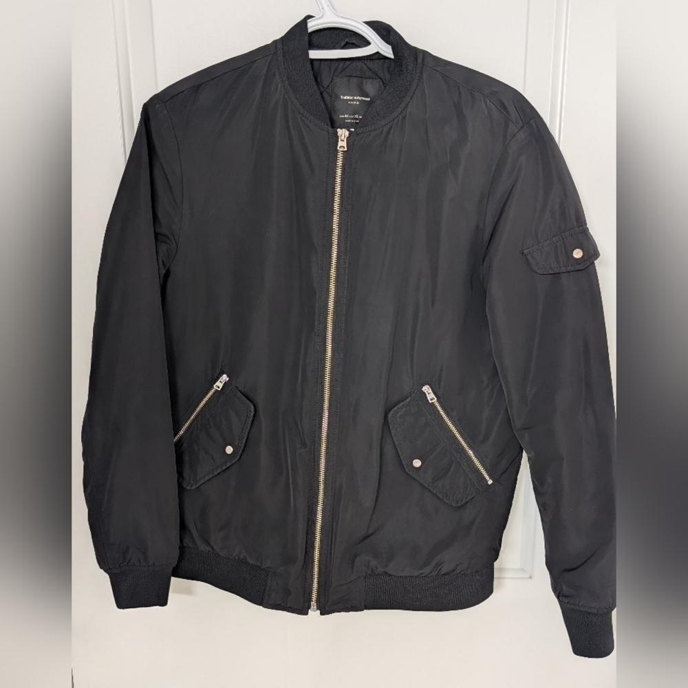 Zara Women's Black Bomber Jacket with Gold Zipper